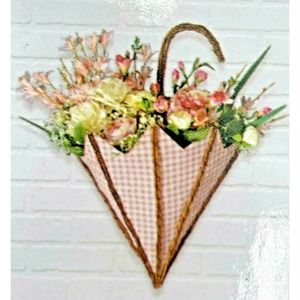 Umbrella Easter Wall Hanging Pocket Basket Wicker Vine Cloth Checkered Pink